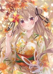  autumn autumn_leaves blurry blush brown_hair colored_inner_hair commentary dappled_sunlight depth_of_field double_bun female floral_print flower gold_osmanthus hair_between_eyes hair_bun hair_ribbon head_tilt highres holding holding_pinwheel japanese_clothes jimmy_madomagi kimono leaf lens_flare light_rays long_hair looking_at_viewer maple_leaf mask multicolored_hair obi obijime open_mouth orange_flower orange_nails original outdoors peony_print pinwheel rabbit_mask red_eyes ribbon sash sidelocks solo spider_lily spider_lily_print sunlight tassel two-tone_hair unworn_mask upper_body white_flower 