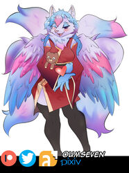  2022 absurd_res artist_name blue_body blue_feathers blue_fur blush clothed clothing feathers female fluffy fluffy_tail front_view fully_clothed fur hair heart_symbol hi_res hybrid inner_ear_fluff looking_at_viewer multi_tail multicolored_body multicolored_feathers multicolored_fur multicolored_hair multicolored_wings neck_tuft one_eye_closed open_mouth open_smile oumseven pink_body pink_feathers pink_fur pink_hair pink_nose plushie purple_body purple_eyes purple_feathers purple_fur purple_hair simple_background smile solo tail teddy_bear tuft unknown_species white_background wings 