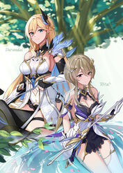  2girls absurdres bare_shoulders bianka_durandal_ataegina bianka_durandal_ataegina_(palatinus_equinox) black_gloves blonde_hair blood blue_eyes breasts brown_hair character_name cleavage closed_mouth dress elbow_gloves fingerless_gloves gauntlets gloves hair_ornament hfp~kubiao highres holding holding_sword holding_weapon honkai_(series) honkai_impact_3rd horseback_riding leaf long_hair looking_at_viewer mole mole_under_eye multiple_girls purple_eyes rapier riding rita_rossweisse rita_rossweisse_(spina_astera) short_hair smile sword tree weapon white_dress white_gloves 