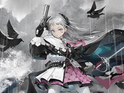  arknights belt bird black_jacket closed_mouth cloud cloudy_sky cowboy_shot day dual_wielding earrings female fighting_stance front-seamed_legwear grey_eyes grey_hair gun head_wings high-waist_skirt highres holding holding_gun holding_sword holding_weapon irene_(arknights) jacket jewelry jiang_(eaerser) layered_skirt long_hair long_sleeves looking_at_viewer outdoors pantyhose puffy_long_sleeves puffy_sleeves purple_skirt rain rapier scar scar_across_eye scar_on_face seamed_legwear skirt sky solo sword v-shaped_eyebrows water waves weapon white_pantyhose white_skirt wings 