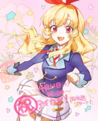  :d aikatsu! aikatsu!_(series) blonde_hair blue_shirt bow_hairband commentary female food fruit hairband highres hoshimiya_ichigo long_hair long_sleeves looking_at_viewer neck_ribbon open_mouth pleated_skirt red_eyes red_ribbon ribbon school_uniform shirt skirt smile solo star_(symbol) starlight_academy_school_uniform strawberry very_long_hair wata_(attaka_towel) white_shirt white_skirt 