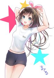  arms_up blue_eyes brown_hair character_name female gym_shirt gym_shorts gym_uniform kizuna_ai kizuna_ai_inc. long_hair materu_(2532) nail_polish open_mouth ponytail shiny_skin shirt short_sleeves shorts solo sportswear virtual_youtuber white_shirt 