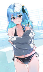  absurdres bare_shoulders bikini bikini_under_clothes black_bikini black_ribbon blue_eyes blue_hair blush breasts cleavage collarbone female grey_sweater grin hair_between_eyes hair_ornament hair_ribbon halterneck highres hololive hoshimachi_suisei long_hair long_sleeves looking_at_viewer no_pants nonbire official_alternate_hair_length official_alternate_hairstyle one_side_up parted_lips pool ribbon side-tie_bikini_bottom smile solo standing star-shaped_pupils star_(symbol) sweater swimsuit symbol-shaped_pupils thigh_gap virtual_youtuber zipper 