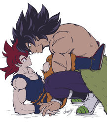  2boys animal_costume bare_arms bare_shoulders black_eyes black_hair broly_(dragon_ball_super) cherry_(cherrymoon26) couple cow_costume dragon_ball dragon_ball_super dragon_ball_super_broly eye_contact forehead-to-forehead fur_(clothing) heads_together holding_hands interlocked_fingers interracial looking_at_another male_focus mature_male multiple_boys muscular muscular_male pectoral_cleavage pectorals red_hair scar scar_on_arm shirt short_hair sleeveless son_goku spiked_hair squatting super_saiyan super_saiyan_god topless_male torn_clothes torn_shirt yaoi yellow_eyes 