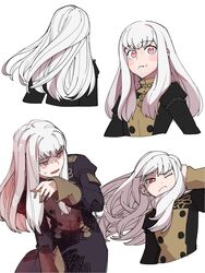  blush_stickers commentary_request female fire_emblem fire_emblem:_three_houses food food_on_face from_behind frown highres long_hair looking_at_viewer lysithea_von_ordelia multiple_views one_eye_closed pink_eyes shaded_face shishima_eichi simple_background sweatdrop upper_body white_background white_hair 