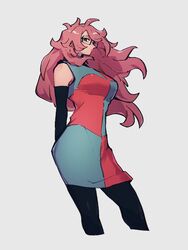  android_21 breasts checkered_clothes checkered_dress closed_mouth commentary dragon_ball dragon_ball_fighterz dress female glasses grey_background kemachiku long_hair looking_at_viewer medium_breasts pantyhose red_hair simple_background solo standing 