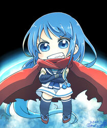  aoba_(akibajun) asahina_samidare asahina_samidare_(cosplay) blue_eyes blue_hair cape chibi commentary_request cosplay crossed_arms dated elbow_gloves female full_body gloves grin highres hoshi_no_samidare kantai_collection long_hair name_connection red_cape samidare_(kancolle) school_uniform serafuku smile solo thighhighs twitter_username very_long_hair zettai_ryouiki 