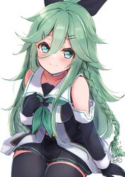  absurdres aqua_eyes artist_name black_gloves black_ribbon black_serafuku black_skirt black_thighhighs braid closed_mouth collarbone dated elbow_gloves female gloves green_hair green_neckerchief hair_between_eyes hair_flaps hair_ribbon highres kantai_collection long_hair mashiro_yukiya neckerchief pleated_skirt ponytail ribbon school_uniform serafuku signature simple_background skirt smile solo thighhighs twin_braids white_background yamakaze_(kancolle) yamakaze_kai_ni_(kancolle) 