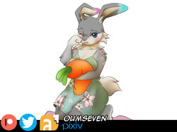  absurd_res blue_eyes carrot_plushie clothing dress female fur green_clothing green_dress grey_body grey_fur hi_res lagomorph leporid looking_at_viewer mammal one_eye_closed oumseven pink_nose rabbit simple_background solo white_background 