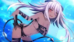  arm_strap belt_bra blush company_name dark-skinned_female dark_skin demon_tail female flat_chest floating_hair hair_between_eyes hameln_(mary_skelter) highres horns leaning_forward lens_flare lens_flare_abuse light_purple_hair long_hair looking_at_viewer mary_skelter nanameda_kei official_art red_eyes revealing_clothes solo source_request sweatdrop tail thigh_strap 