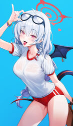  absurdres black_tail black_wings blue_archive blue_background breasts buruma candy commentary cowboy_shot eyewear_on_head fake_wings female food goeleu grey_hair gym_shirt gym_uniform hair_between_eyes halo haruna_(blue_archive) haruna_(track)_(blue_archive) highres large_breasts long_hair official_alternate_costume red_buruma red_eyes red_halo shirt short_sleeves simple_background single_wing solo tail tongue tongue_out white_shirt wings 