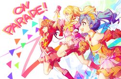  3girls :d aikatsu! aikatsu!_(series) blonde_hair blue_eyes blue_hair boots breasts brown_hair cleavage commentary dress from_side gloves highres hoshimiya_ichigo jewelry kiriya_aoi long_hair multiple_girls necklace open_mouth orange_dress orange_gloves orange_skirt pink_dress pink_footwear pink_gloves pink_skirt puffy_sleeves red_dress red_eyes red_skirt running shibuki_ran skirt small_breasts smile soleil_(aikatsu!) wata_(attaka_towel) 