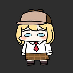  blonde_hair blue_eyes blush bob_cut boots brown_footwear brown_hat brown_skirt chibi closed_mouth female hat hololive hololive_english jazz_jack long_sleeves medium_hair necktie peaked_cap red_necktie shirt skirt solo virtual_youtuber watson_amelia watson_amelia_(1st_costume) white_shirt 