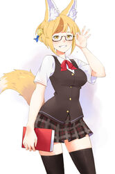  absurdres adjusting_eyewear alternate_costume animal_ear_fluff animal_ears bespectacled blonde_hair book bow breasts brown_hair commission commissioner_upload female fire_emblem fire_emblem_fates fox_ears fox_girl fox_tail glasses hair_ornament highres holding igni_tion multicolored_hair red_bow school_uniform selkie_(fire_emblem) short_sleeves simple_background skirt smile solo streaked_hair tail thighhighs yellow_eyes 