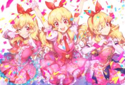  3girls :d ;) absurdres aikatsu! aikatsu!_(series) arms_up blonde_hair bow_hairband confetti dress frilled_dress frills gloves hairband happy_birthday heart heart_hands highres hoshimiya_ichigo long_hair looking_at_viewer multiple_girls necktie one_eye_closed open_mouth pink_dress plaid plaid_skirt pleated_dress puffy_sleeves red_eyes red_necktie skirt smile wata_(attaka_towel) white_gloves 