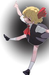  ascot black_footwear black_skirt black_vest blonde_hair bow collared_shirt female frogsnake hairbow kneehighs looking_at_viewer midair outstretched_arms parted_lips pointy_nose red_ascot red_bow red_eyes rumia shirt short_hair short_sleeves simple_background skirt socks solo spread_legs touhou vest waistcoat wavy_hair white_shirt white_socks 