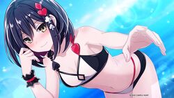  alice_(mary_skelter) bikini black_hair blush breasts club_(shape) club_hair_ornament company_name diamond_(shape) diamond_hair_ornament dutch_angle female hair_between_eyes hair_ornament heart heart_hair_ornament highres lens_flare looking_at_viewer mary_skelter medium_hair multi-strapped_bikini nanameda_kei navel ocean official_art playing_card_theme reaching reaching_towards_viewer small_breasts smile solo source_request spade_(shape) spade_hair_ornament swimsuit water yellow_eyes 