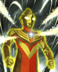  1boy alien aura color_timer commentary_request glitter_tiga glowing light_particles male_focus no_humans solo sparkle tokusatsu ultra_series ultraman_tiga ultraman_tiga_(series) upper_body yellow_eyes yusao 