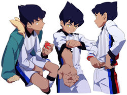  1boy adjusting_sleeves bad_id bad_twitter_id black_hair bright_pupils closed_mouth collared_shirt dark-skinned_male dark_skin gym_challenge_uniform highres holding holding_poke_ball hop_(pokemon) invisible_chair male_focus multiple_views na1_pkmn poke_ball poke_ball_(basic) pokemon pokemon_swsh shirt short_hair shorts simple_background sitting sleeves_rolled_up socks white_background yellow_eyes 