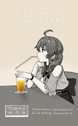  ahoge ashiga_oreta braid clothing_cutout cup drinking_glass drinking_straw female french_braid from_side highres hololive limited_palette medium_hair natsuiro_matsuri natsuiro_matsuri_(casual) official_alternate_costume partially_colored romaji_text short_sleeves shoulder_cutout sitting solo twintails virtual_youtuber 