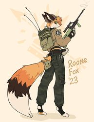  absurd_res anthro assault_rifle backpack beanie bottomwear camo camo_bottomwear camo_clothing camo_pants camo_print canid canine clothed clothing digitigrade fingerless_gloves footwear fox gloves gun handwear hat headgear headwear hi_res male mammal pants pattern_bottomwear pattern_clothing pattern_pants ranged_weapon rifle roonefox simple_background socks solo standing steyr_aug toeless_footwear toeless_socks weapon white_background 