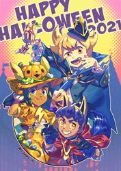  2021 3boys barry_(pokemon) capelet closed_mouth commentary_request cup dark-skinned_male dark_skin food food_on_face gloves grin happy_halloween hat hau_(pokemon) highres holding holding_cup hop_(pokemon) komame_(st_beans) male_focus mouth_pull multiple_boys open_mouth orange_headwear pokemon pokemon_dppt pokemon_ears pokemon_sm pokemon_swsh red_capelet shiny smile tail teeth tongue twitter_username upper_teeth_only 