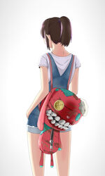  backpack bag brown_hair button_eyes buttons facing_away female highres medium_hair original ponytail shirt short_shorts short_sleeves shorts sidelocks simple_background standing vivid507 white_background white_shirt zipper 