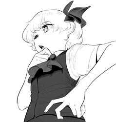  ascot bow collared_shirt female frogsnake greyscale hairbow hand_on_own_hip looking_ahead monochrome open_mouth rumia sharp_teeth shirt short_hair short_sleeves solo teeth touhou vest waistcoat 