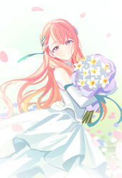  bare_shoulders bouquet braid brown_hair commentary dot_nose dress elbow_gloves feet_out_of_frame female floating_hair flower french_braid gloves gradient_background green_background green_hair grey_eyes hair_between_eyes hair_ornament hairclip half-closed_eyes hanasato_minori head_tilt heart heart_hair_ornament holding holding_bouquet layered_dress long_dress long_hair looking_at_viewer memel multicolored_hair parted_lips pastel_colors petals project_sekai scramble_fan_festa!_(project_sekai) simple_background smile solo streaked_hair swept_bangs very_long_hair white_background white_dress white_flower white_gloves 