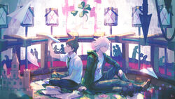  2boys absurdres ahoge bangs black_hair bottle brown_hair card clover coat collared_shirt computer copyright_name danganronpa_(series) danganronpa_2:_goodbye_despair four-leaf_clover from_side green_coat green_neckwear highres hinata_hajime holding huge_filesize iei impaled indian_style knee_up komaeda_nagito male_focus multiple_boys necktie open_clothes pants paper paper_airplane playing_card print_shirt shirt shoes short_hair short_sleeves sitting sneakers spoilers white_hair white_shirt zhuo_ying 