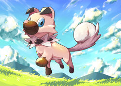  absurdres blue_eyes closed_mouth cloud commentary_request day from_below grass highres kareha_p looking_at_viewer mountainous_horizon no_humans outdoors pokemon pokemon_(creature) rockruff sky smile solo toes 