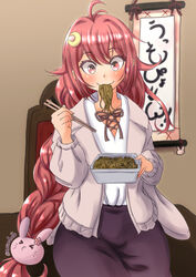  ahoge crescent crescent_hair_ornament cup_ramen eating female food food_in_mouth hair_ornament holding holding_food holding_stick instant_soba jacket kantai_collection long_hair long_sleeves nawohata noodles pink_eyes pink_hair pink_jacket purple_skirt rabbit_hair_ornament shirt sitting skirt stick translation_request uzuki_(kancolle) white_shirt yakisoba 