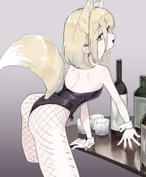  alcohol animal_ears arm_support ass black_leotard blonde_hair breasts cropped_legs extra_ears female fishnet_pantyhose fishnets fox_ears fox_girl fox_tail frogsnake from_behind glass hair_between_eyes highleg highleg_leotard kudamaki_tsukasa leaning_forward leotard looking_at_viewer looking_back medium_hair nail_polish pantyhose red_nails small_breasts solo strapless strapless_leotard tail tail_through_clothes touhou wrist_cuffs yellow_eyes 