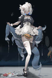  absurdres apron blue_hair burger commentary_request corrupted_metadata covered_nipples dark-skinned_female dark_skin eyebrows_hidden_by_hair female food french_fries frilled_thighhighs frills hair_between_eyes highres horns lwj maid maid_apron mole mole_under_eye multicolored_hair original short_hair skirt slime_(substance) solo standing tentacle thighhighs torn torn_clothes torn_thighhighs two-tone_hair white_hair white_thighhighs wrist_cuffs 