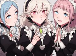  3girls alternate_costume black_dress blue_eyes blue_hair commentary corrin_(female)_(fire_emblem) corrin_(fire_emblem) dress felicia_(fire_emblem) fire_emblem fire_emblem_fates flora_(fire_emblem) grey_hair hair_between_eyes highres long_hair long_sleeves maid maid_headdress multiple_girls own_hands_together peach11_01 pink_hair ponytail red_eyes siblings sisters smile twins twitter_username upper_body wrist_cuffs 