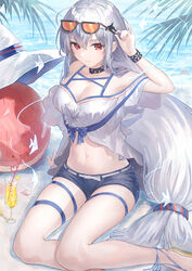  absurdres ahoge arawado arknights arm_up bare_legs bare_shoulders black_choker blue_shorts breasts choker cleavage commentary eyewear_on_head female grey_hair hair_between_eyes hair_ornament hat highres infection_monitor_(arknights) long_hair looking_at_viewer low-tied_long_hair medium_breasts midriff navel off-shoulder_shirt off_shoulder official_alternate_costume orca_hair_ornament red_eyes sandals shirt short_shorts short_sleeves shorts sitting skadi_(arknights) skadi_(waverider)_(arknights) solo stomach sunglasses thigh_strap thighs unworn_hat unworn_headwear very_long_hair white_hat white_shirt yokozuwari 