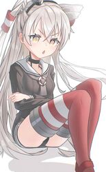  :o amatsukaze_(kancolle) black_dress black_panties blush breasts commentary crossed_arms dress female grey_hair grey_neckerchief hair_between_eyes hair_tubes highres kantai_collection long_hair long_sleeves mosou_keito neckerchief orange_eyes panties parted_lips red_thighhighs sailor_collar sailor_dress small_breasts solo striped_clothes striped_thighhighs thighhighs underwear very_long_hair white_sailor_collar 