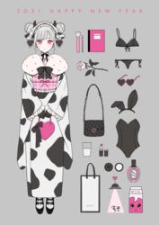  2021 animal animal_ears animal_print bag black_bra black_footwear black_gloves black_hairband black_leotard black_panties bow bow_bra bra closed_mouth commentary_request cow_ears cow_girl cow_horns cow_print double_bun fake_animal_ears female flower flying_saucer gloves grey_background grey_hair hair_bun hairband handbag happy_new_year heart heart-shaped_bag highres holding holding_bag horns japanese_clothes kimono leotard long_sleeves milk_carton miyako_(xxxbibit) new_year obi original panties pink_eyes pink_flower pink_rose plaid platform_footwear print_kimono rose sash shoes side-tie_panties sidelocks simple_background sleeves_past_wrists smile socks solo spacecraft strapless strapless_leotard ufo underwear white_kimono white_socks wide_sleeves 