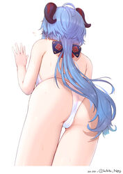  ahoge artist_name ass back blue_hair bow cameltoe dated facing_away female flying_sweatdrops from_behind from_below ganyu_(genshin_impact) genshin_impact highres horns leotard long_hair low_ponytail pussy_juice solo sweat wata_neo white_background white_leotard 