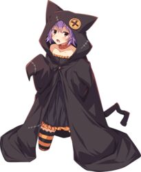  black_cloak cloak collarbone female full_body halloween halloween_costume hood hooded_cloak kantai_collection kneeling long_sleeves off_shoulder official_alternate_costume official_art purple_hair red_eyes short_hair solo striped_clothes striped_thighhighs tama_(kancolle) thighhighs transparent_background ugume 