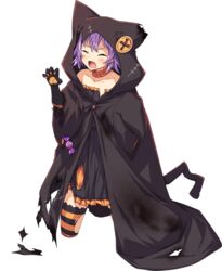  black_cloak cloak closed_eyes collarbone fang_out female full_body halloween halloween_costume hood hooded_cloak kantai_collection kneeling long_sleeves oerba_yun_fang off_shoulder official_alternate_costume official_art purple_hair red_eyes short_hair solo striped_clothes striped_thighhighs tama_(kancolle) thighhighs torn_clothes transparent_background ugume 