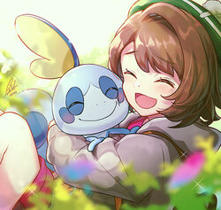  :d blush bob_cut brown_hair cardigan closed_eyes commentary_request dress eyelashes female gloria_(pokemon) green_headwear grey_cardigan hat holding holding_pokemon hooded_cardigan nanaki_tsubasa open_mouth pink_dress pokemon pokemon_(creature) pokemon_swsh short_hair signature smile sobble sparkle tam_o&#039;_shanter tongue 