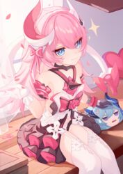  absurdres bare_shoulders black_gloves blackheart` blue_eyes blue_hair chinese_commentary closed_mouth commentary_request dress female gloves hair_between_eyes highres honkai_(series) honkai_impact_3rd horns liliya_olenyeva long_hair looking_at_viewer open_clothes open_dress petals pink_hair rozaliya_olenyeva single_horn sitting smile solo tail thick_eyebrows thighhighs white_gloves white_thighhighs 