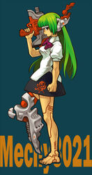  arm_at_side barefoot black_eyes black_skirt blue_background blunt_bangs bow bowtie breasts character_name clenched_hand collared_shirt commentary female finger_on_trigger from_side full_body green_hair gun hand_up headgear hiramu holding holding_gun holding_weapon impossible_clothes impossible_shirt large_breasts looking_at_viewer looking_to_the_side mecha_musume mechanical_legs mechanical_parts musical_note open_mouth original puffy_short_sleeves puffy_sleeves purple_bow purple_bowtie seams shirt short_sleeves simple_background single_mechanical_leg skirt solo submachine_gun trigger_discipline untucked_shirt weapon white_shirt 