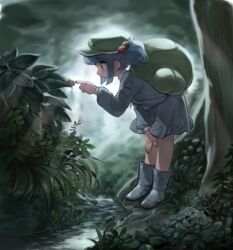  absurdres backpack bag bent_over blue_eyes blue_footwear blue_hair blue_shirt blue_skirt boots collared_shirt female flat_cap forest frogsnake hair_bobbles hair_ornament hand_on_own_knee hat highres jewelry kawashiro_nitori key leaf long_sleeves nature necklace pocket rock rubber_boots shirt short_twintails sidelocks skirt snail solo standing stream touhou tree twintails two_side_up water 