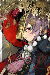  bead_necklace beads black_hat blue_dress blush coin_hair_ornament commentary dress eyebrows_hidden_by_hair female genshin_impact hair_between_eyes hair_ornament hat highres hiranko jewelry necklace ofuda parted_lips purple_eyes purple_hair qingdai_guanmao qiqi_(genshin_impact) signature solo teeth upper_body upper_teeth_only 