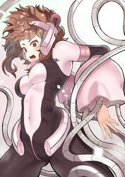  absurdres black_bodysuit bodysuit boku_no_hero_academia brown_eyes brown_hair covered_navel cowboy_shot female headgear highres looking_at_viewer messy_hair multicolored_bodysuit multicolored_clothes open_mouth pink_bodysuit rope short_eyebrows short_hair sidelocks simple_background skin_tight solo standing superhero_costume teeth uraraka_ochako white_background zd_(pixiv6210083) 