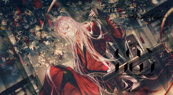  1boy arm_up blue_eyes cael_anselm chinese_clothes dress grey_hair hair_between_eyes hanfu highres indoors jiaoling_ruqun light_smile long_hair looking_at_viewer lovebrush_chronicles male_focus red_dress sinko123 sitting solo white_hair 