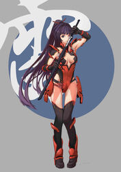  absurdres armpits asdyindsa bare_shoulders black_footwear black_gloves boots breasts cleavage closed_mouth drawing_sword female gloves grey_background hair_ornament highres holding holding_sword holding_weapon honkai_(series) honkai_impact_3rd katana long_hair looking_at_viewer ponytail purple_eyes purple_hair raiden_mei raiden_mei_(crimson_impulse) sheath solo sword thigh_boots thighhighs unsheathing weapon 