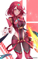  aegis_sword_(xenoblade) backless_outfit black_gloves black_pantyhose bob_cut breasts brown_pantyhose chest_jewel dangle_earrings earrings female fingerless_gloves front-seamed_legwear gloves highres impossible_clothes jewelry kamaniki large_breasts letter micro_shorts pantyhose pantyhose_under_shorts pink_thighhighs pyra_(xenoblade) red_eyes red_hair red_shorts seamed_legwear short_hair short_shorts short_sleeves shorts skindentation solo super_smash_bros. super_smash_bros._logo swept_bangs sword thighhighs thighhighs_over_pantyhose tiara weapon xenoblade_chronicles_(series) xenoblade_chronicles_2 